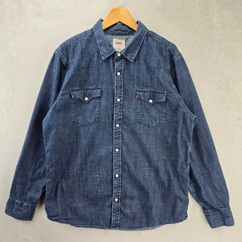 Levis Denim Pearl Snap Shirt Mens XL Blue Dark Wash Western Long Sleeve Pockets